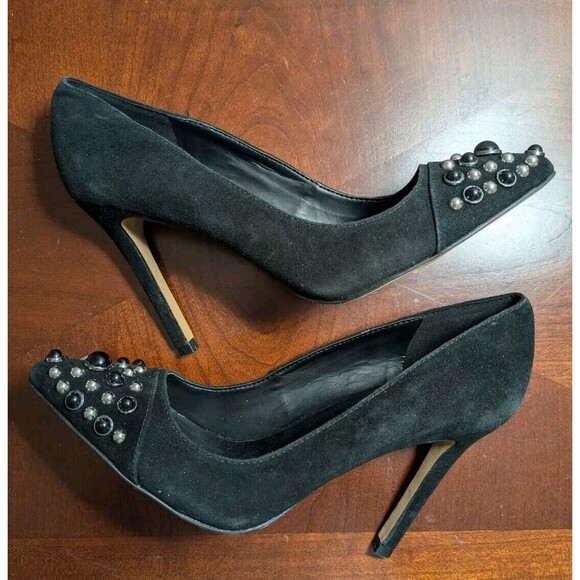 Karl Lagerfeld Paris Black Suede Stiletto Pearl Studded Heels Women Size 8.5 - Picture 9 of 10